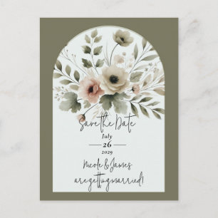 Khaki Olive Green Watercolor Floral Save the Date Ankündigungspostkarte