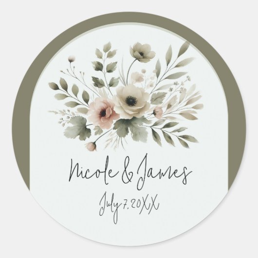 Khaki Olive Green Watercolor Floral Wedding Runder Aufkleber (Vorderseite)