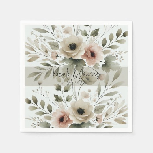 Khaki Olive Green Watercolor Floral Wedding Serviette (Vorderseite)