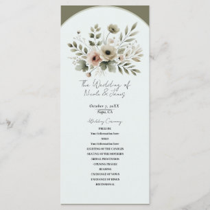 Khaki Olivgrüne Aquarell Blumen Hochzeit Programm