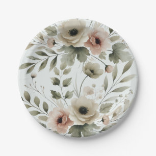 Khaki Olivgrüne Aquarell-Blumenhochzeit Pappteller