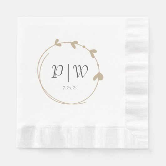 Khaki Simple Heart Wreath Monogram Wedding Serviette (Vorderseite)