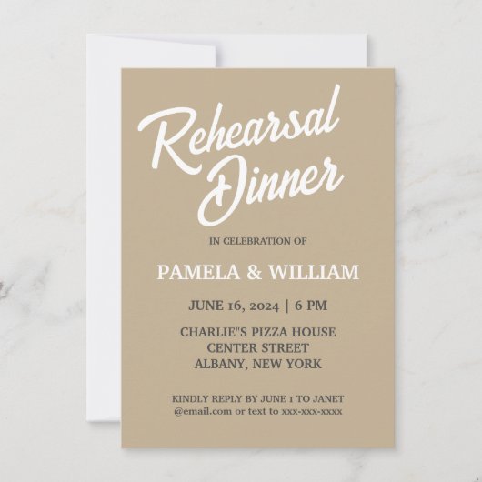 Khaki Simple Style Wedding Probe Dinner Einladung (Vorderseite)