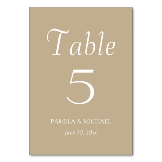 Khaki Simple Style Wedding Tischnummer (Vorderseite)