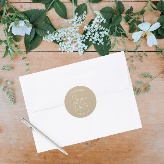 Khaki stylized Wedding Save the Date Runder Aufkleber