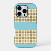Khaki tan Creme Gingham Blue Stripe iPhone 16 Fall Hülle (Rückseite)