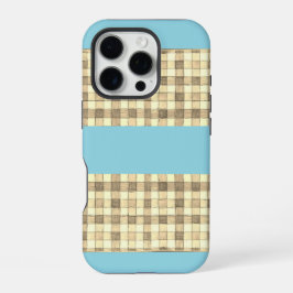 Khaki tan Creme Gingham Blue Stripe iPhone 16 Fall Pro Hülle