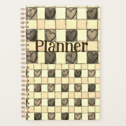 Khaki tan & Creme Gingham Herzplaner Planer (Vorderseite)