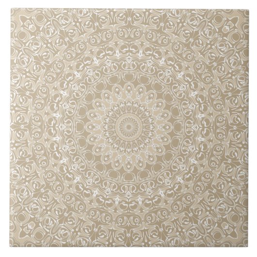 Khaki- und Weiß-Ornamentales Mandala-Muster Fliese (Vorderseite)