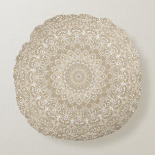 Khaki- und Weiß-Ornamentales Mandala-Muster Rundes Kissen