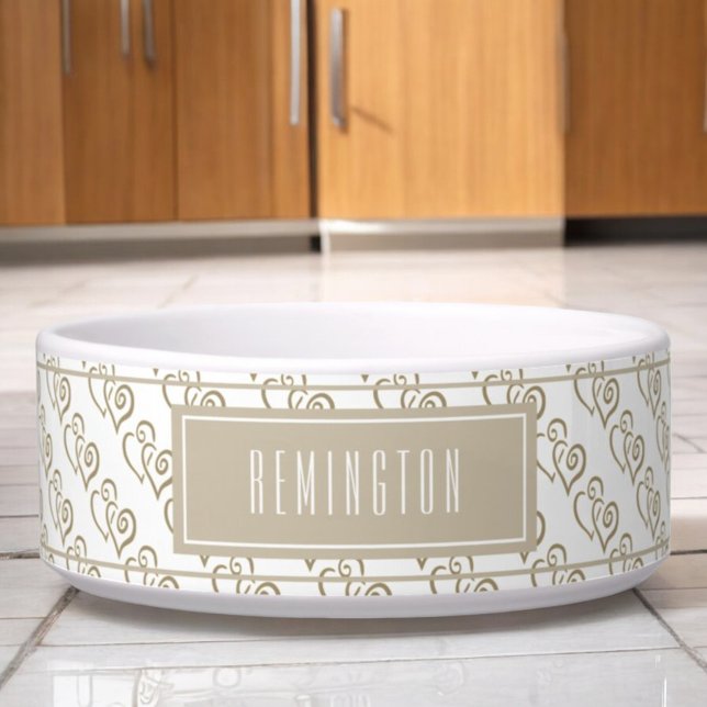 Khaki verknüpfte Herzmuster auf Lila, kundenspezif Napf (custom pet bowl front with khaki linked heart pattern)