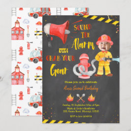 Khalkboard Kleiner Feuerwehrmann mit Foto Einladung