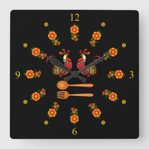 Khokhloma - Flower Ring - 2 Roosters Quadratische Wanduhr