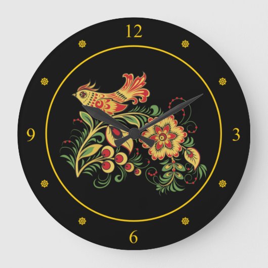 Khokhloma ~ Russian Folk Art ~Bird & Flower ~ Große Wanduhr (Vorderseite)