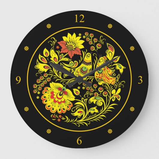 Khokhloma ~ Russian Folk Art ~Birds & Flowers ~   Große Wanduhr (Vorderseite)