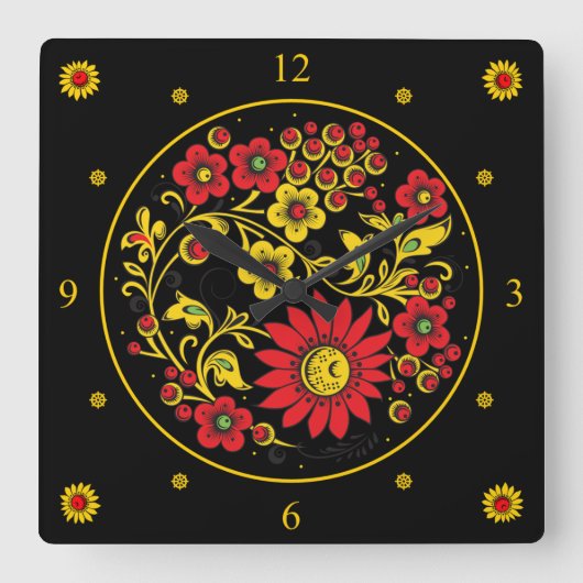 Khokhloma ~ Russian Folk Art ~ Red/Gold Flowers ~ Quadratische Wanduhr (Vorderseite)