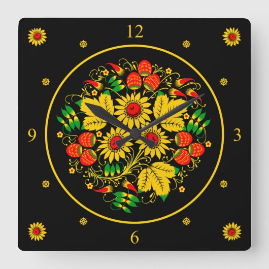 Khokhloma ~ Russische Volkskunst ~ Blume Quadratische Wanduhr (Vorderseite)