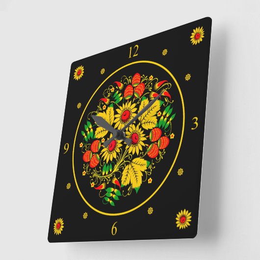 Khokhloma ~ Russische Volkskunst ~ Blume Quadratische Wanduhr (Winkel)