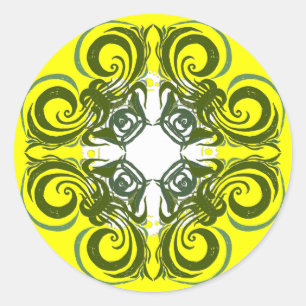 Khokhloma Yellow Green Curly Pattern Runder Aufkleber