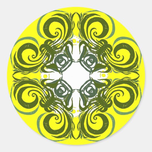 Khokhloma Yellow Green Curly Pattern Runder Aufkleber (Vorderseite)