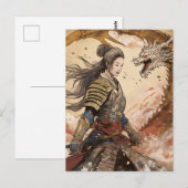 KI-Frau Samurai und Drache Postkarte (Vorne/Hinten)