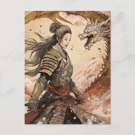 KI-Frau Samurai und Drache Postkarte (Vorderseite)