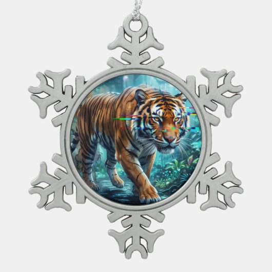 KI-generierte Tiger-Kunst Schneeflocken Zinn-Ornament (Vorderseite)