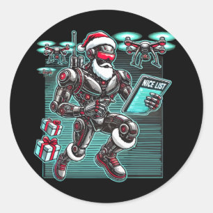 KI-gesteuerter Weihnachtsmann-Roboter mit Drohnen Runder Aufkleber
