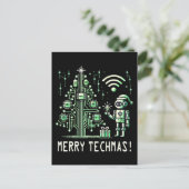 KI-Roboter mit Tech-Weihnachtsbaum – Frohe Tech-We Postkarte (Stehend Vorderseite)