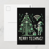 KI-Roboter mit Tech-Weihnachtsbaum – Frohe Tech-We Postkarte (Vorne/Hinten)