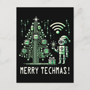 KI-Roboter mit Tech-Weihnachtsbaum – Frohe Tech-We Postkarte