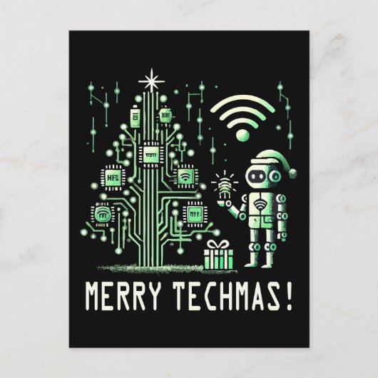 KI-Roboter mit Tech-Weihnachtsbaum – Frohe Tech-We Postkarte (Vorderseite)