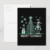KI-Roboter mit Tech-Weihnachtsbaum – Frohe Tech-We Postkarte (Vorne/Hinten)