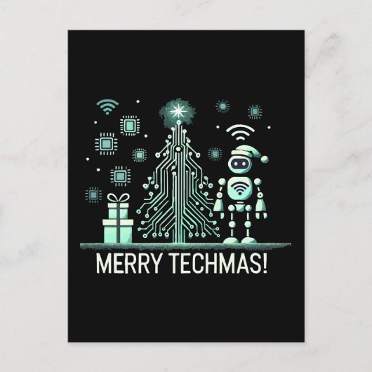KI-Roboter mit Tech-Weihnachtsbaum – Frohe Tech-We Postkarte (Vorderseite)