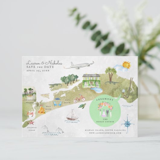 Kiawah Island Wedding Itinerary Map Einladung (Stehend Vorderseite)