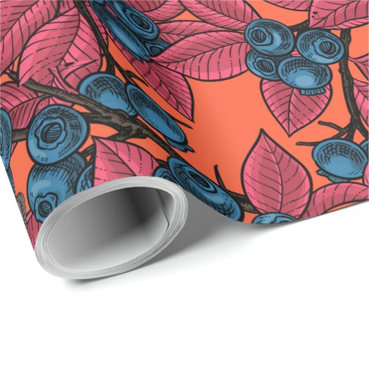 Kichervögel auf Blaubeeren-Ästen auf Orange Geschenkpapier (Rolleneckpunkt)
