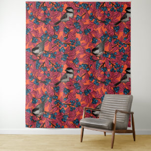 Kichervögel auf Blaubeeren-Ästen auf Orange Wandteppich