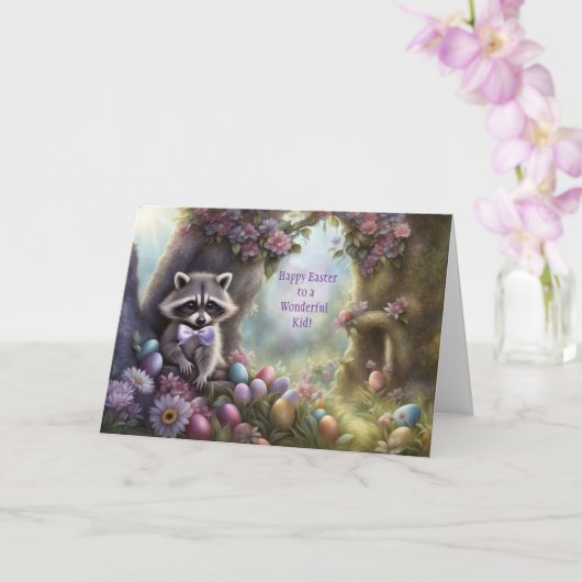 Kid Happy Easter Cute Raccoon and Easter Eggs Karte (Orchidee)