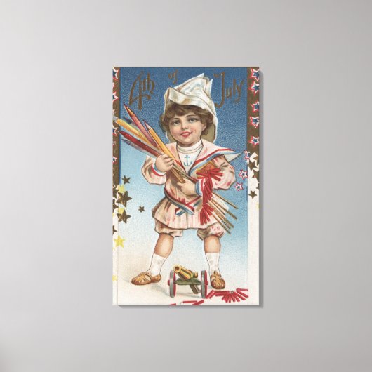 Kid Holding Fireworks and Rockets Leinwanddruck (Vorderseite)