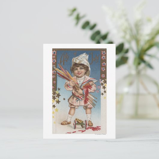Kid Holding Fireworks and Rockets Postkarte (Stehend Vorderseite)