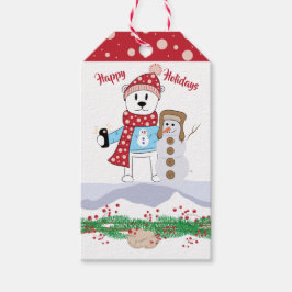 Kid Polar Bear Selfie mit Snowman Gift Tag Geschenkanhänger