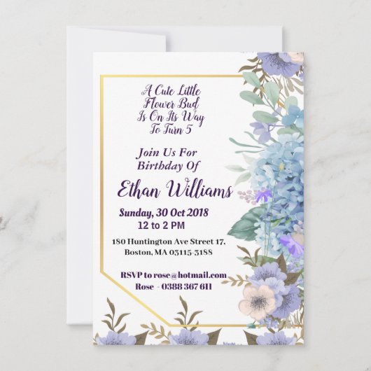 Kid Soft Blue Little Blume Bud Hydrangea Geburtsta Einladung (Vorderseite)