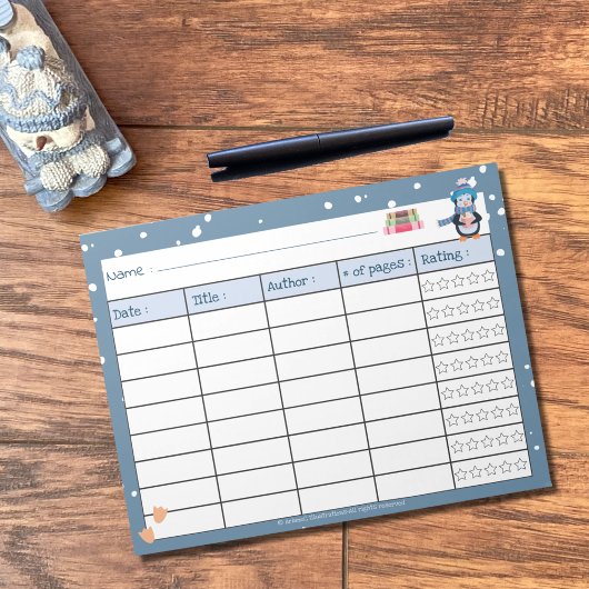 Kid Winter Reading Log mit Rating Notepad Notizblock