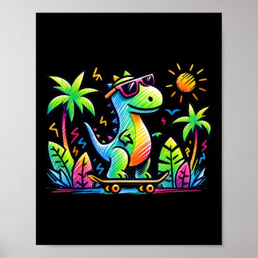 Kidcore Aesthetic Dinosaur Skateboarding Doodle Al Poster (Vorne)