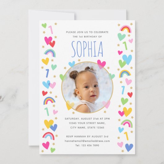 Kids 1st Birthday Cute Rainbow Photo Hearts Yellow Einladung (Vorderseite)