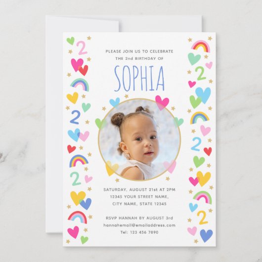 Kids 2nd Birthday Cute Rainbow Photo Hearts Pink Einladung (Vorderseite)