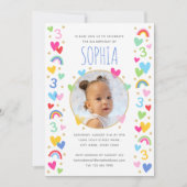 Kids 3rd Birthday Cute Rainbow Photo Hearts Green Einladung (Vorderseite)