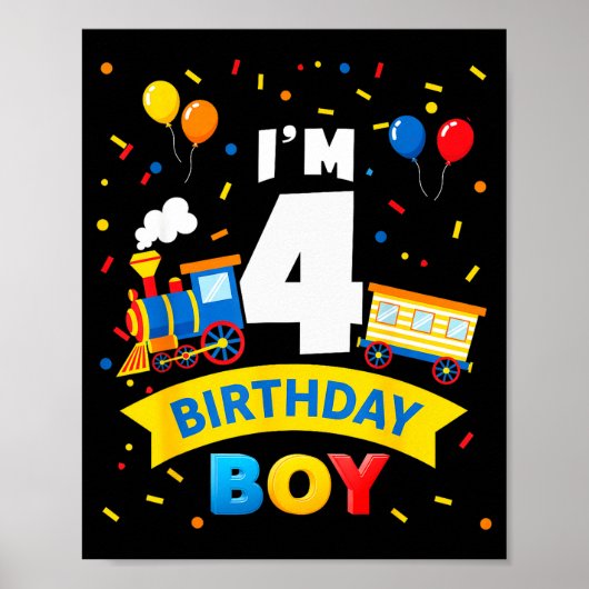 Kids 4th Birthday Boy Train Four 4 Year Old Birthd Poster (Vorne)