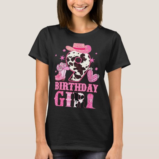 Kids 9th Birthday Girl Rodeo Western Cowgirl Birth T-Shirt (Vorderseite)