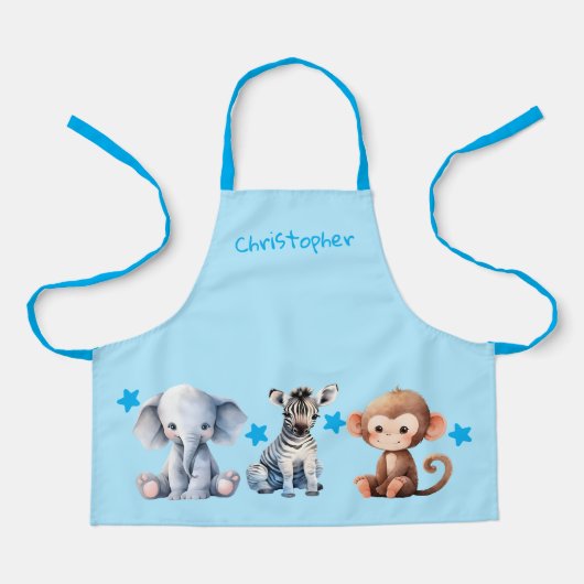 Kid's add name cute animals stars blue schürze (Vorderseite)